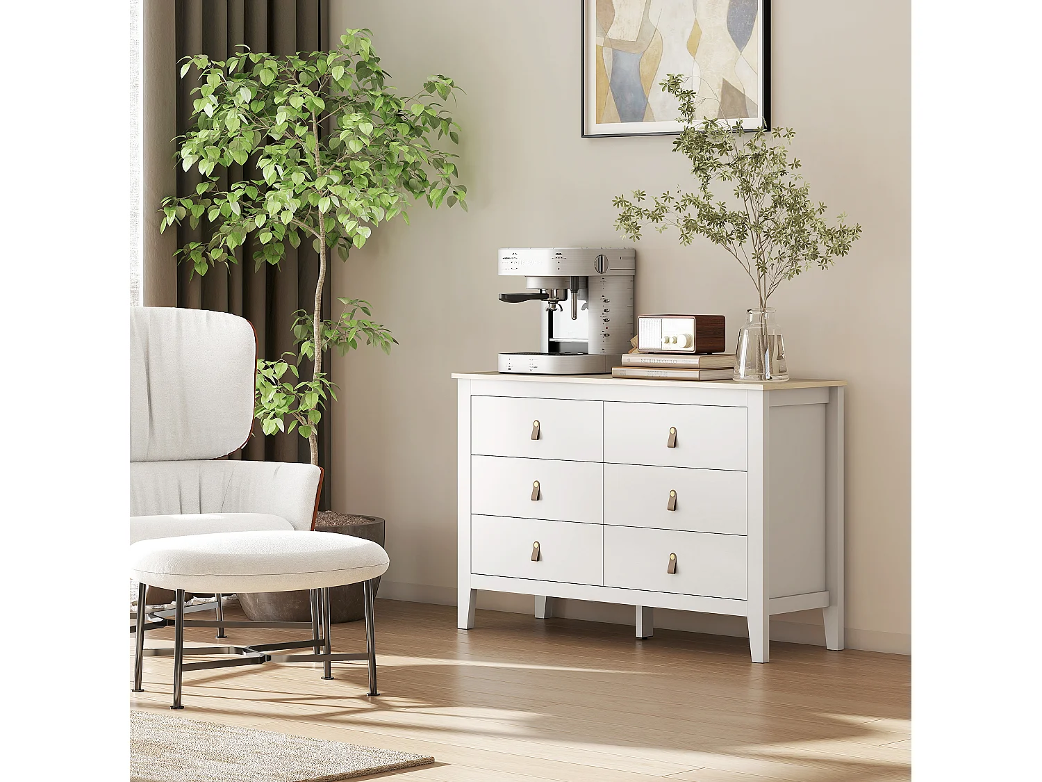 Cassettiera 6 cassetti con maniglie in finta pelle bianco