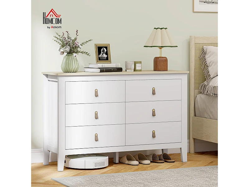 Cassettiera 6 cassetti con maniglie in finta pelle bianco