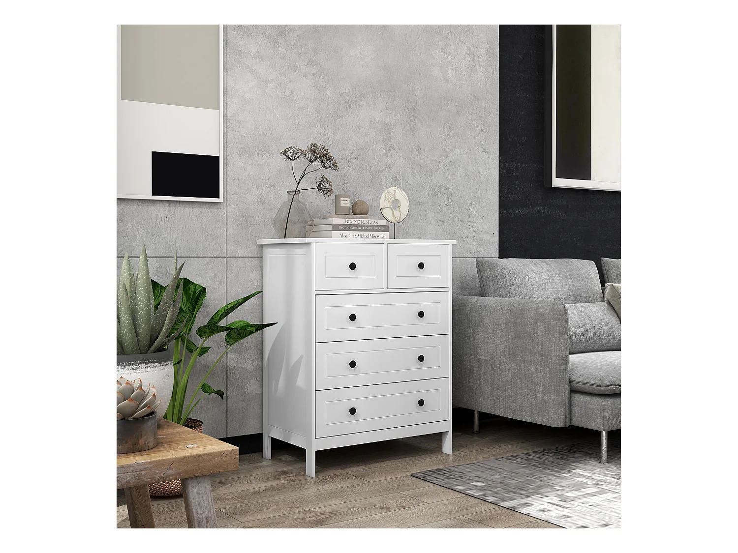 Cassettiera 5 cassetti salvaspazio 74x40x91cm in legno bianco