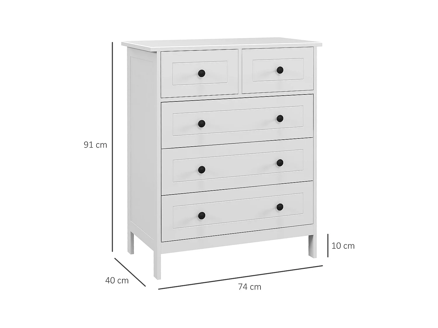 Cassettiera 5 cassetti salvaspazio 74x40x91cm in legno bianco