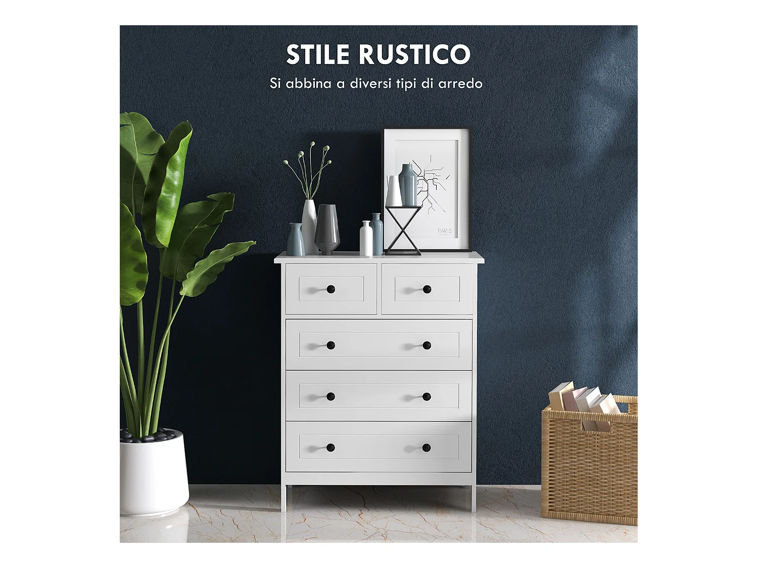 Cassettiera 5 cassetti salvaspazio 74x40x91cm in legno bianco