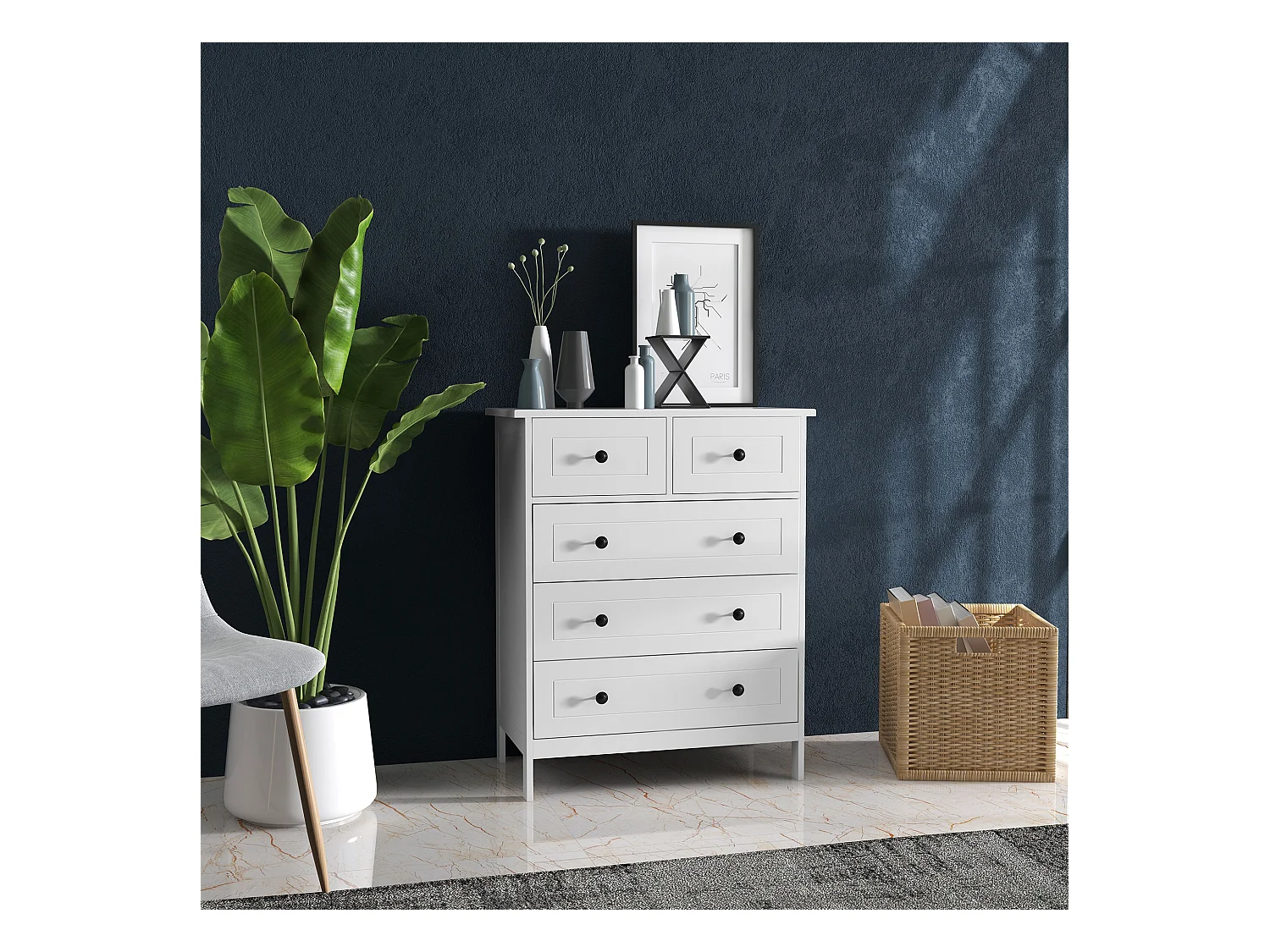 Cassettiera 5 cassetti salvaspazio 74x40x91cm in legno bianco