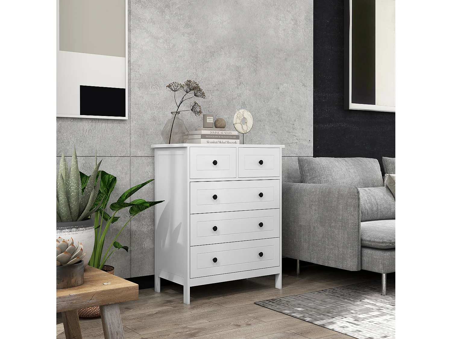 Cassettiera 5 cassetti salvaspazio 74x40x91cm in legno bianco