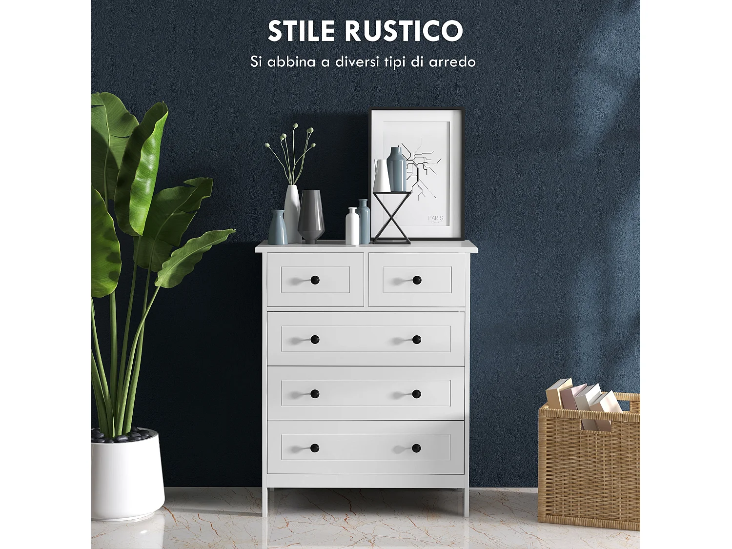 Cassettiera 5 cassetti salvaspazio 74x40x91cm in legno bianco