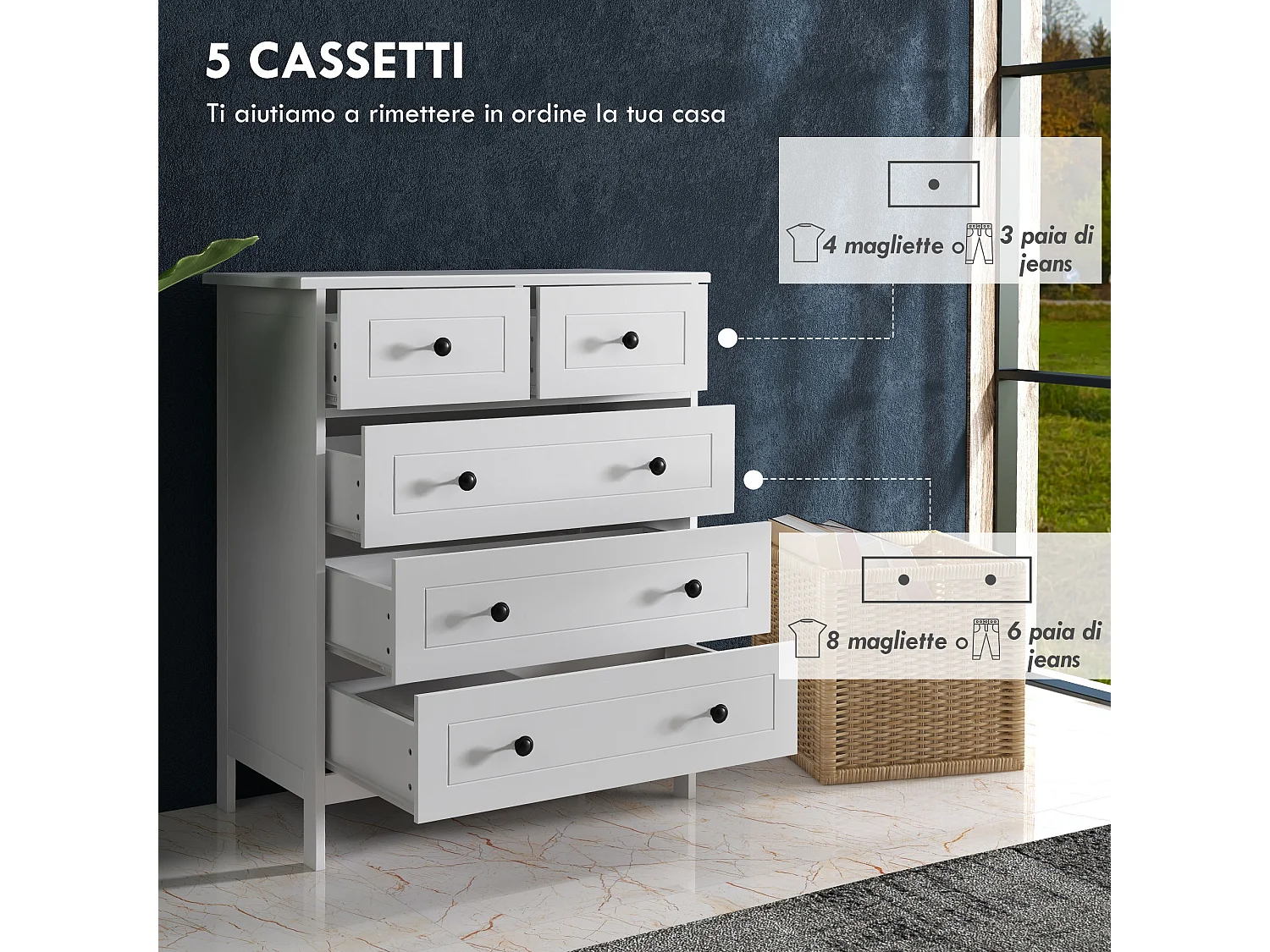 Cassettiera 5 cassetti salvaspazio 74x40x91cm in legno bianco