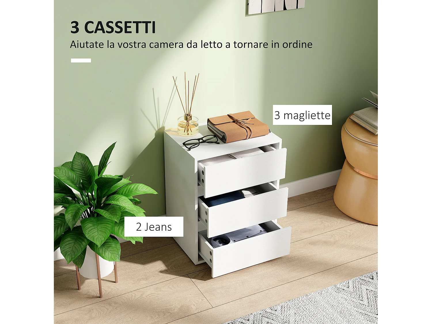 Cassettiera 3 cassetti moderna in truciolato 40x30x50.5 cm bianco