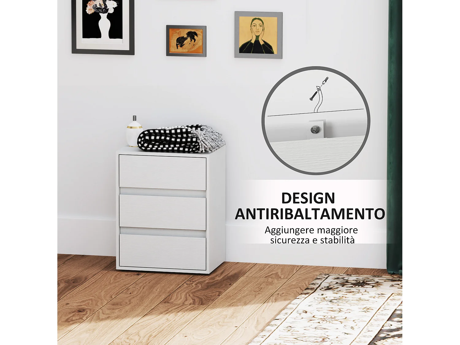 Cassettiera 3 cassetti moderna in truciolato 40x30x50.5 cm bianco