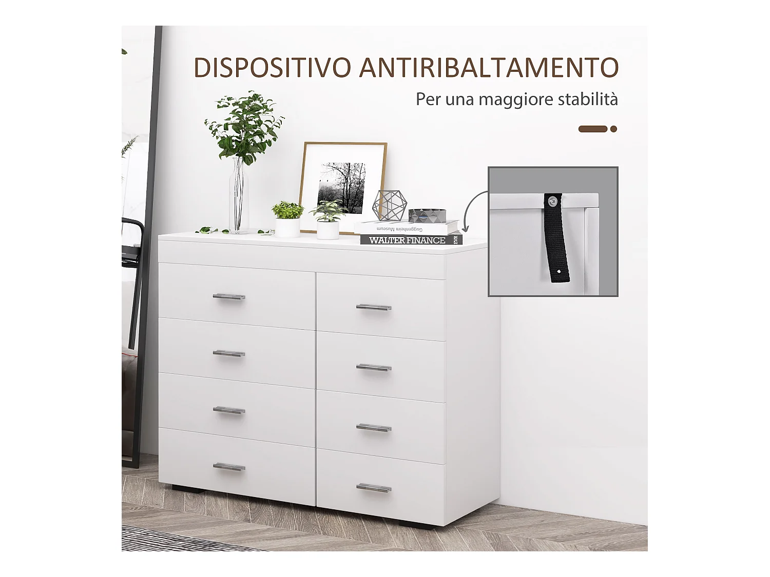 Mobile con cassetti cassettiera per camera in legno bianca