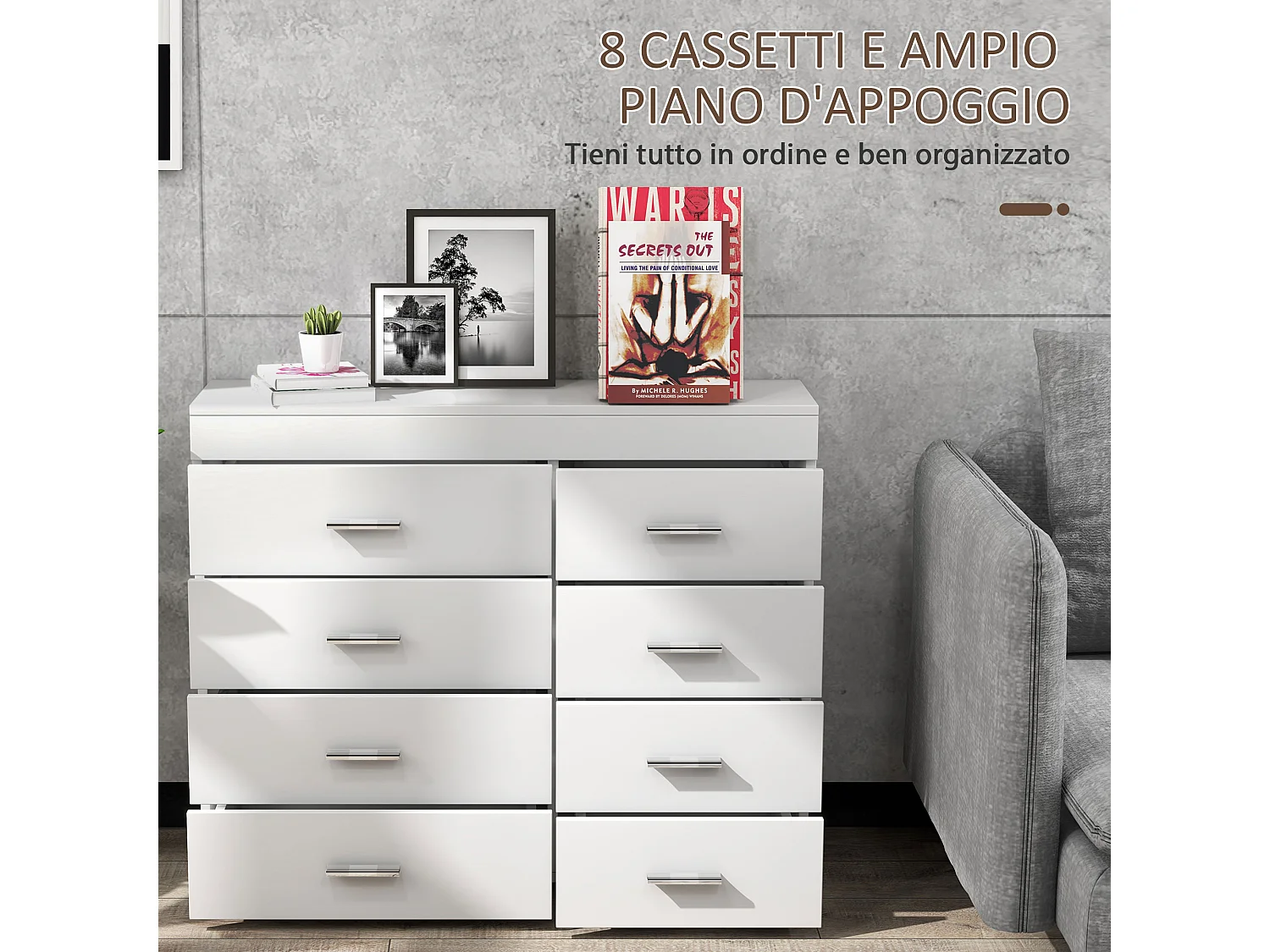 Mobile con cassetti cassettiera per camera in legno bianca