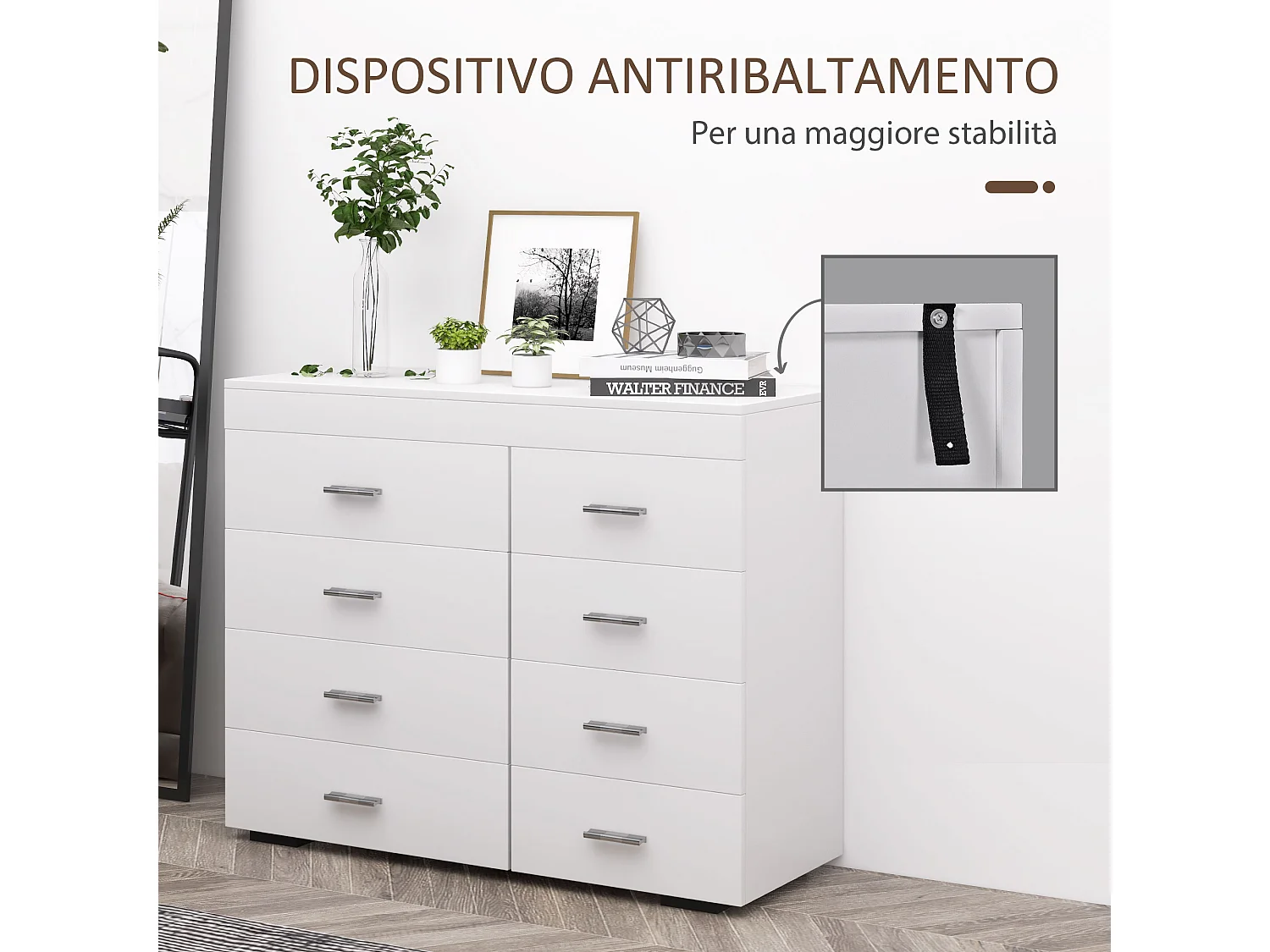 Mobile con cassetti cassettiera per camera in legno bianca