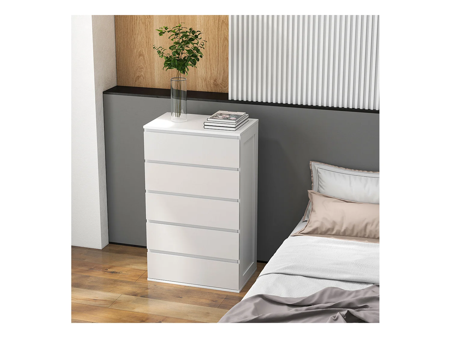 Cassettiera 5 cassetti per camera da letto in legno bianco