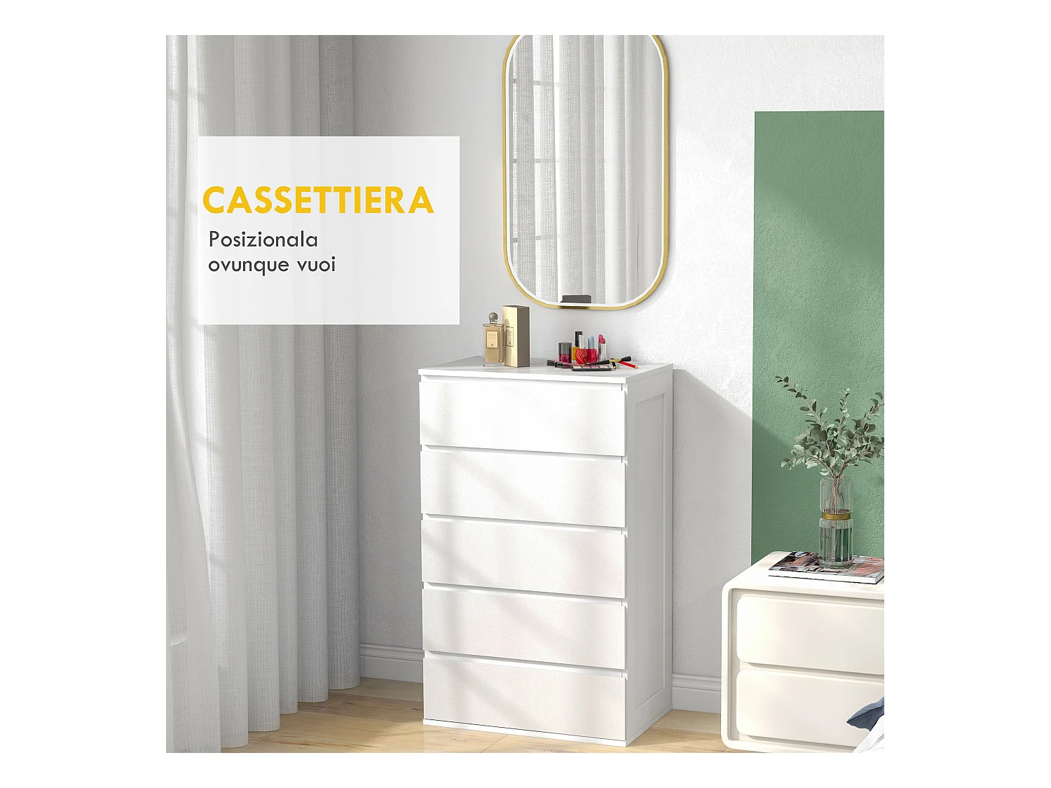 Cassettiera 5 cassetti per camera da letto in legno bianco