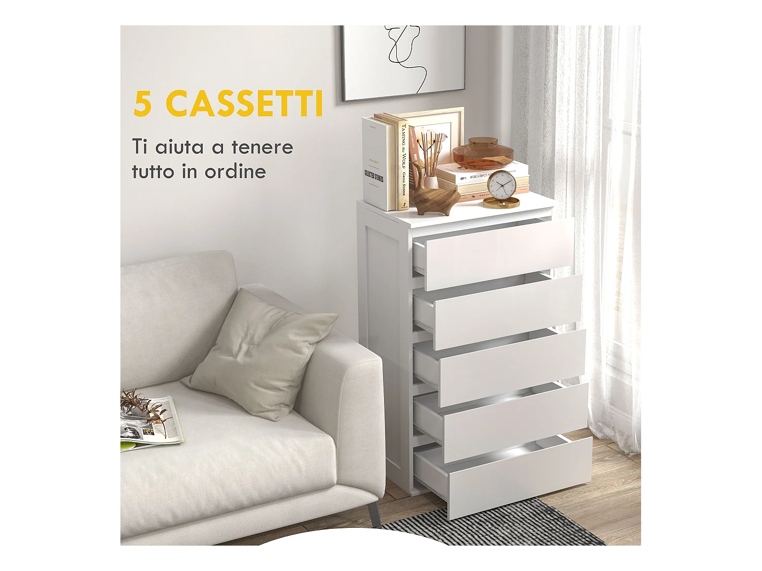 Cassettiera 5 cassetti per camera da letto in legno bianco
