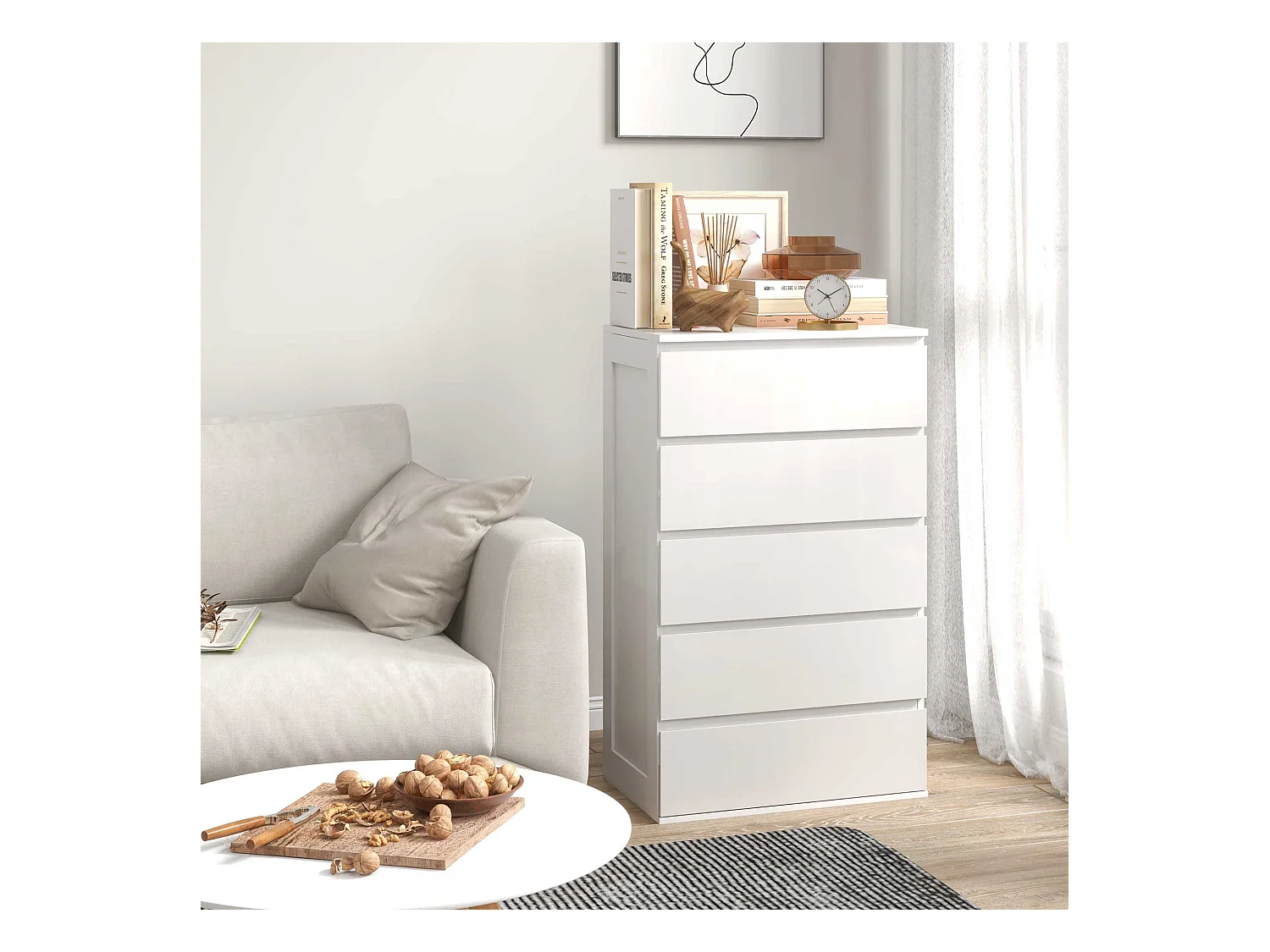Cassettiera 5 cassetti per camera da letto in legno bianco
