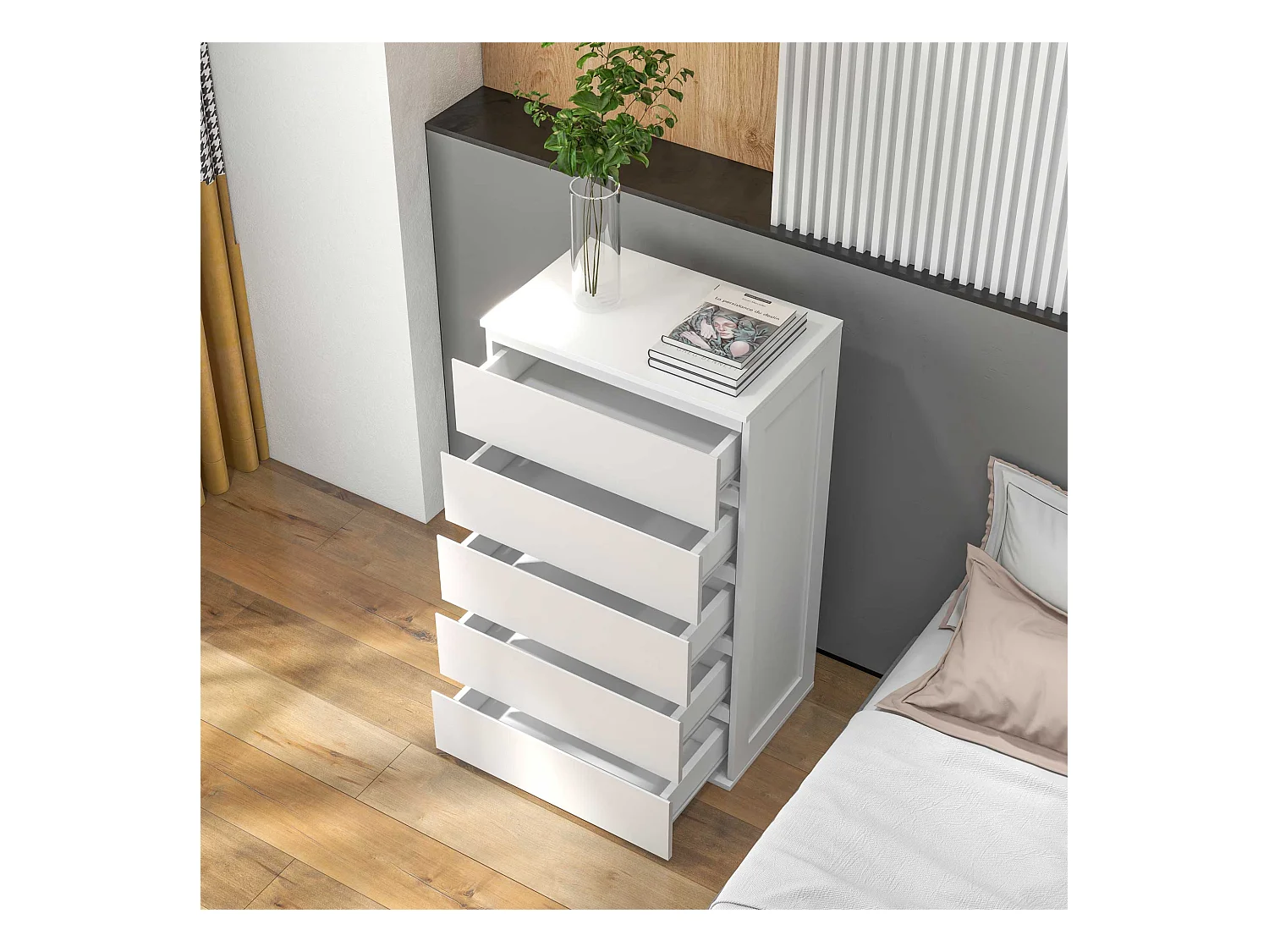 Cassettiera 5 cassetti per camera da letto in legno bianco