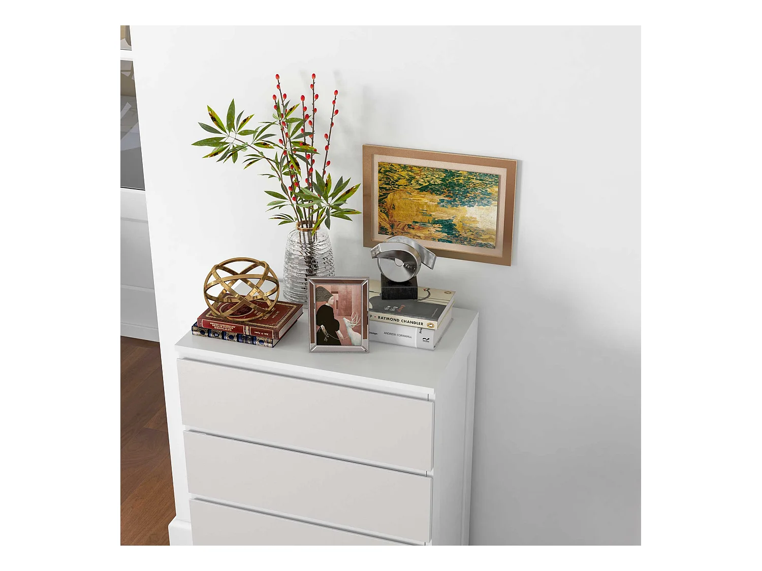 Cassettiera 5 cassetti per camera da letto in legno bianco