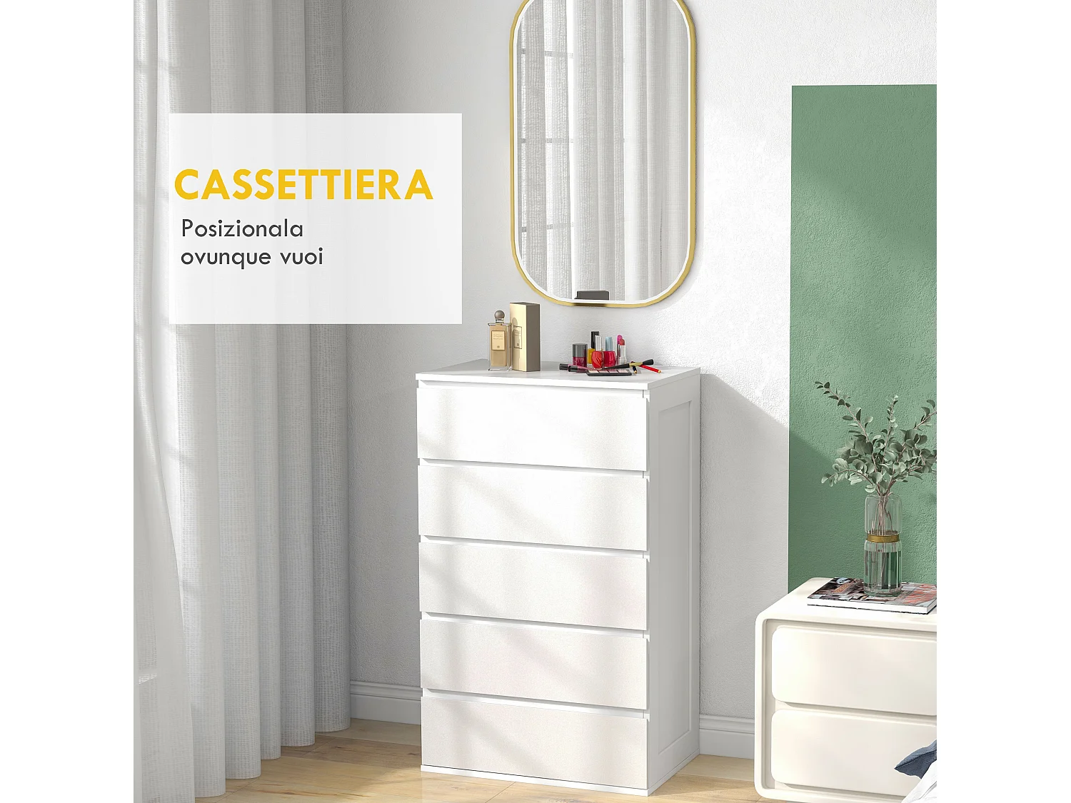 Cassettiera 5 cassetti per camera da letto in legno bianco