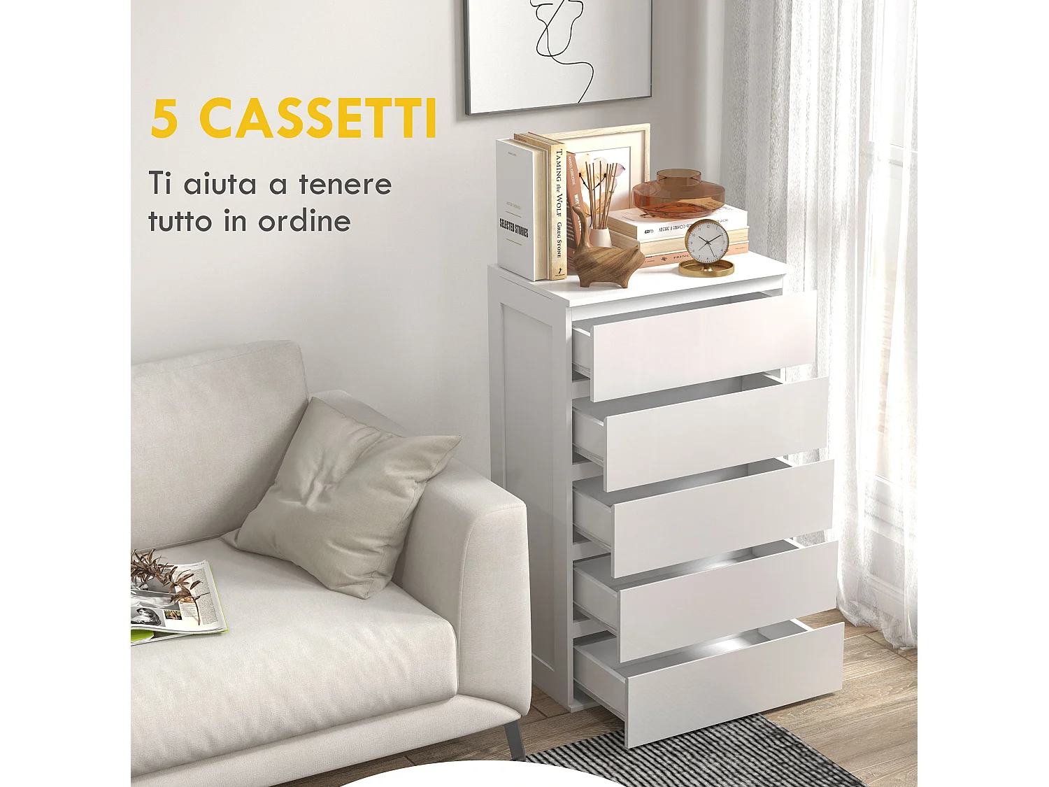 Cassettiera 5 cassetti per camera da letto in legno bianco
