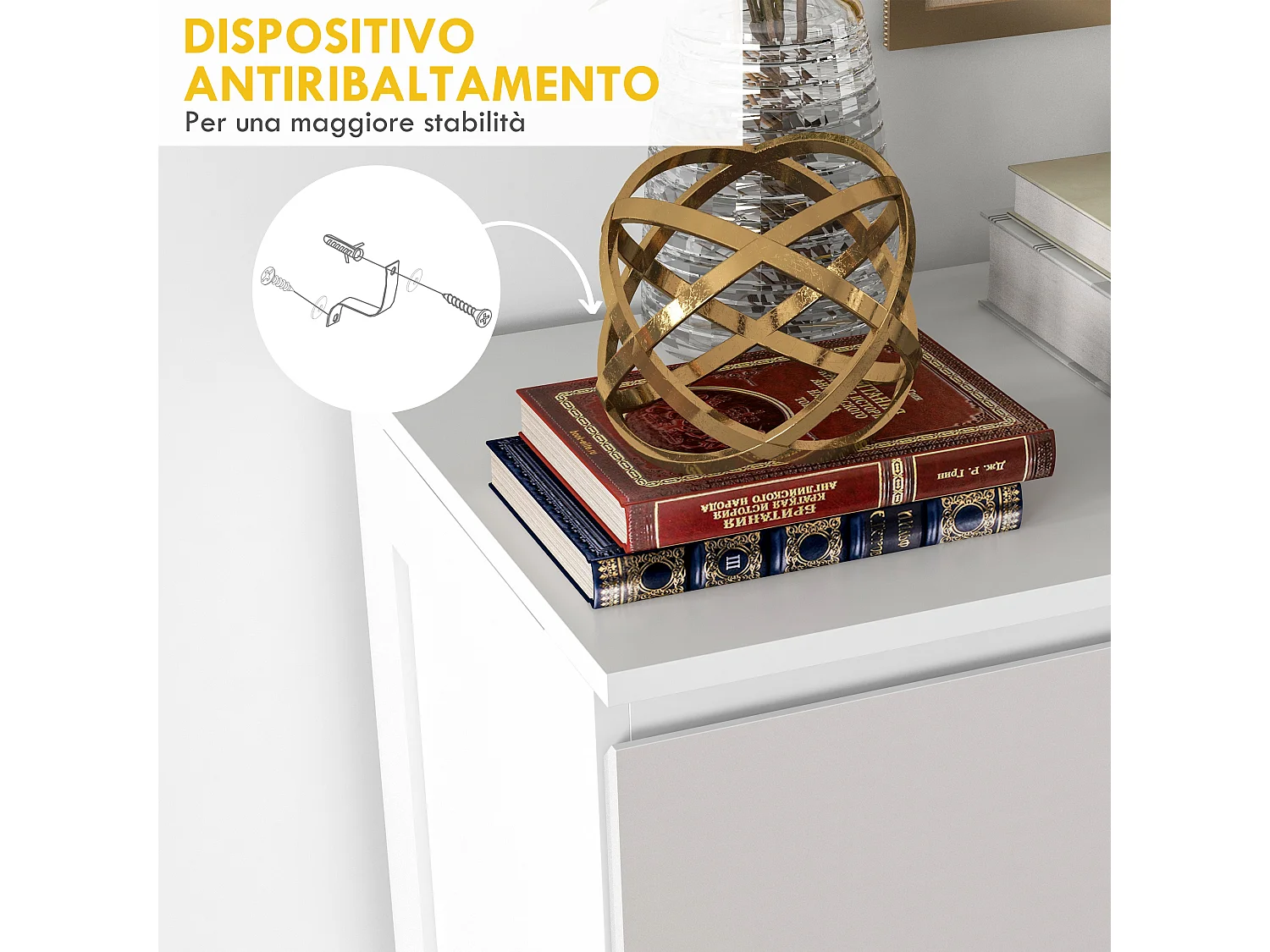 Cassettiera 5 cassetti per camera da letto in legno bianco