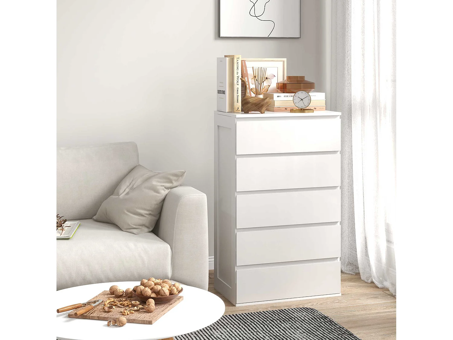 Cassettiera 5 cassetti per camera da letto in legno bianco