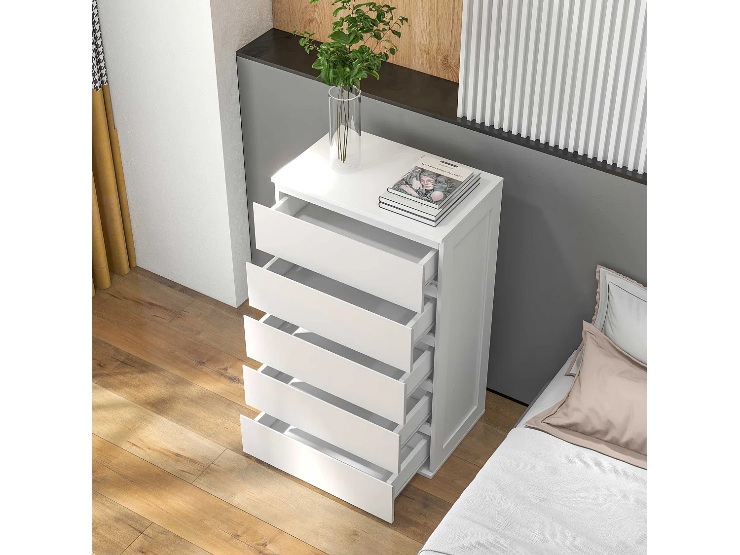 Cassettiera 5 cassetti per camera da letto in legno bianco