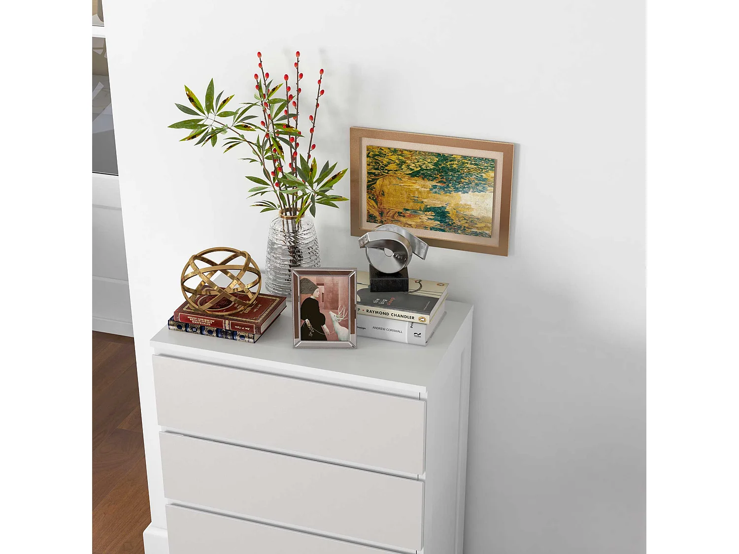 Cassettiera 5 cassetti per camera da letto in legno bianco