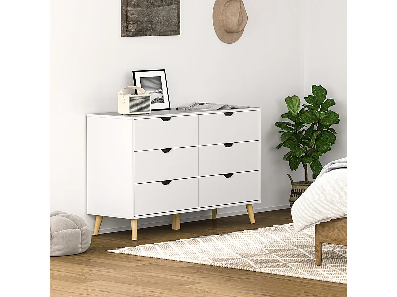 Cassettiera 6 cassetti in legno di pino bianca color legno 120x40x76cm