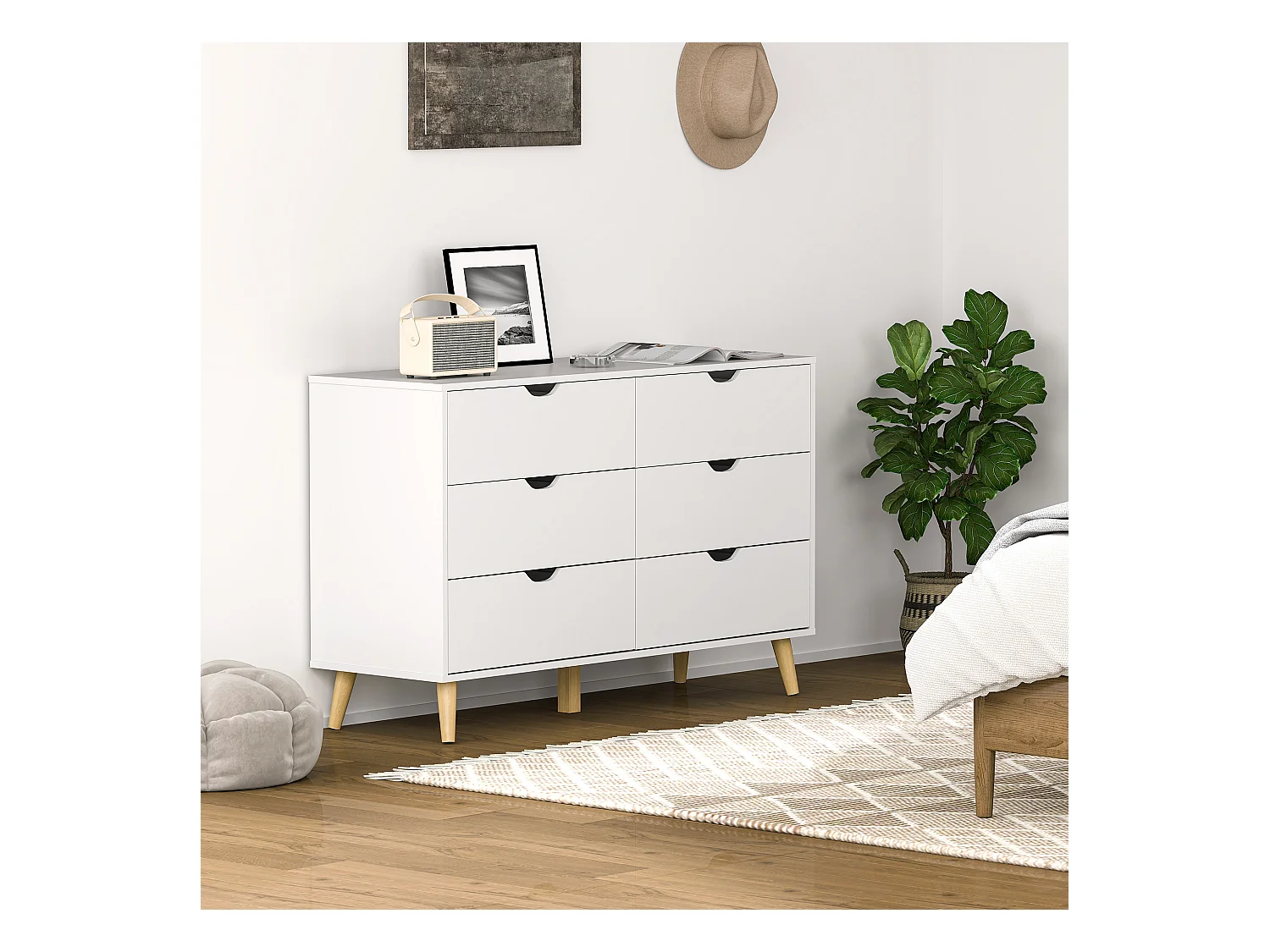 Cassettiera 6 cassetti in legno di pino bianca color legno 120x40x76cm