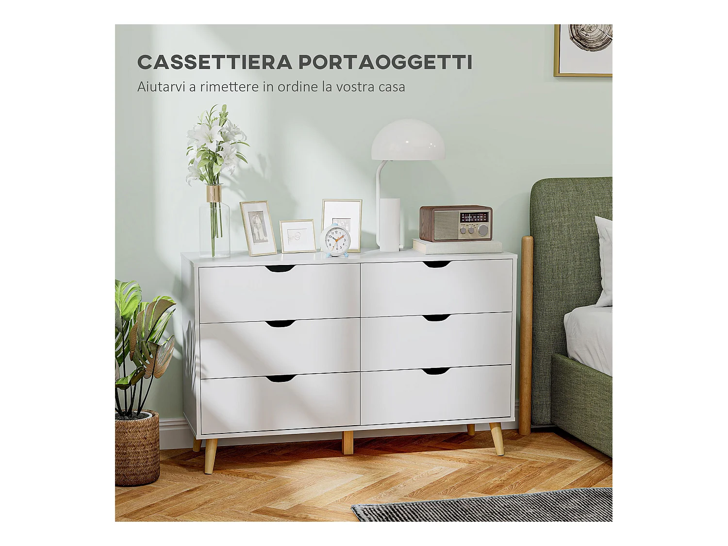 Cassettiera 6 cassetti in legno di pino bianca color legno 120x40x76cm