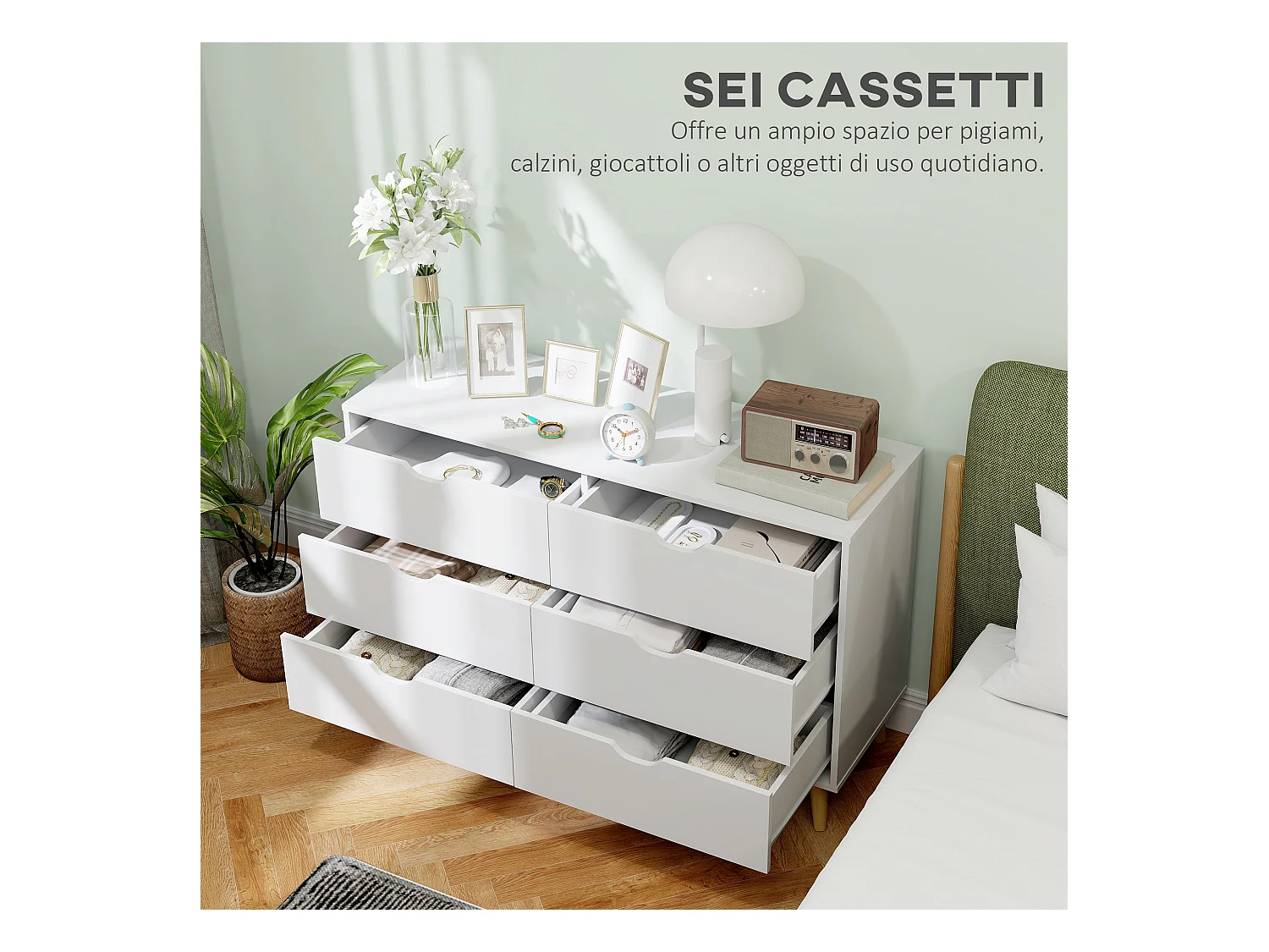 Cassettiera 6 cassetti in legno di pino bianca color legno 120x40x76cm