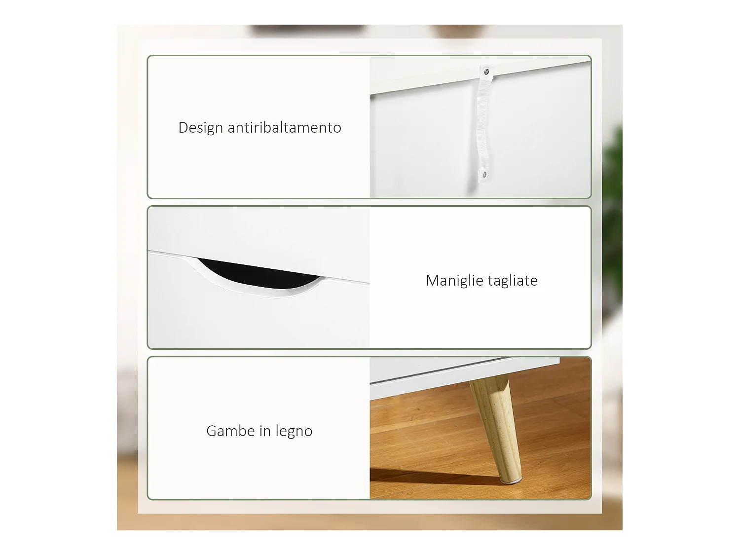 Cassettiera 6 cassetti in legno di pino bianca color legno 120x40x76cm