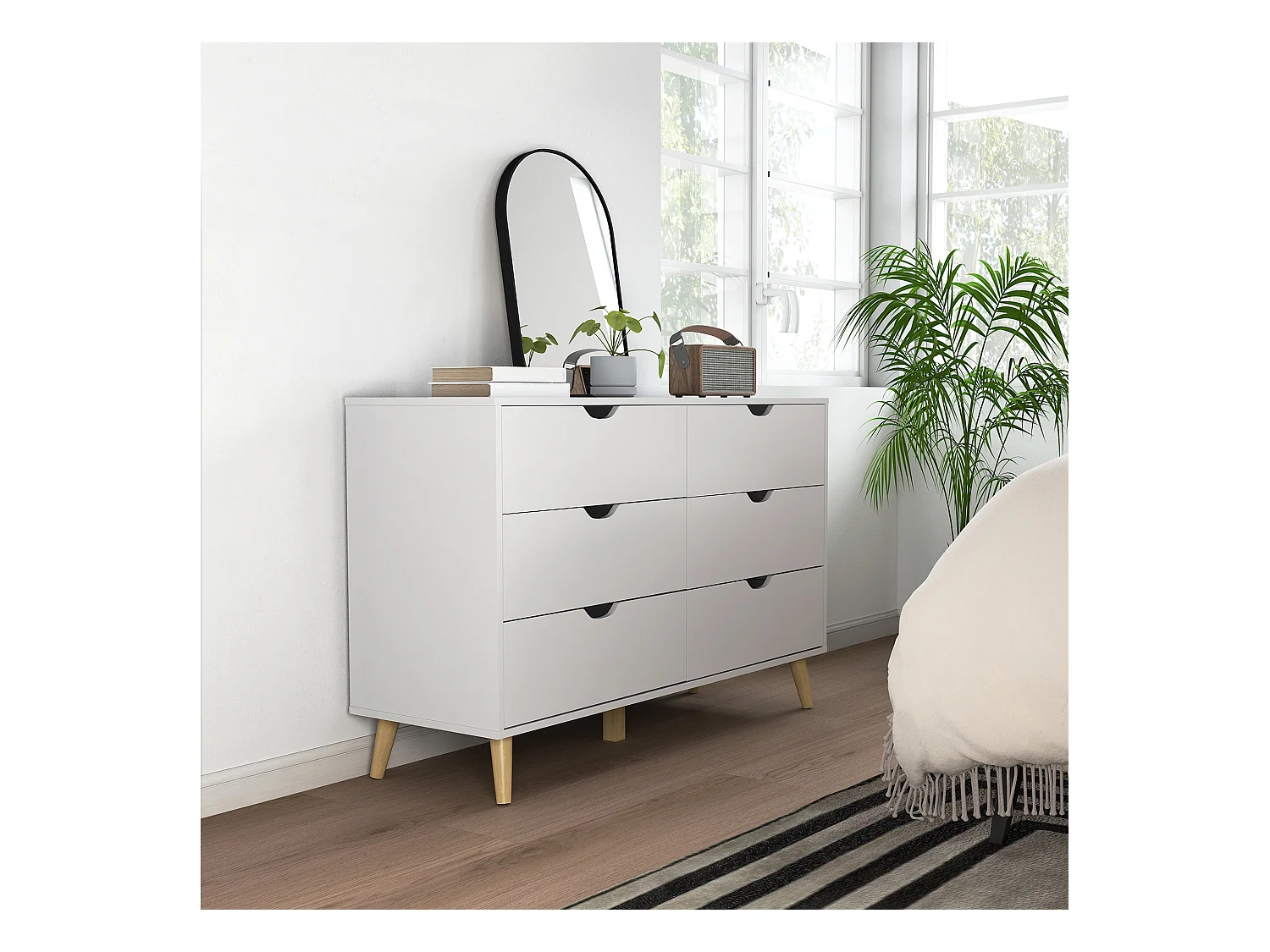 Cassettiera 6 cassetti in legno di pino bianca color legno 120x40x76cm