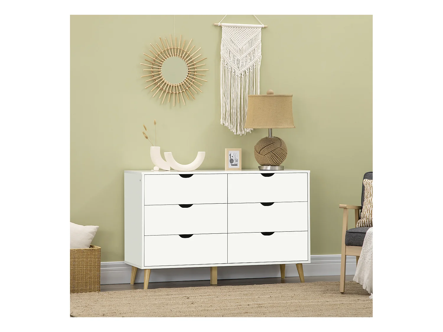 Cassettiera 6 cassetti in legno di pino bianca color legno 120x40x76cm