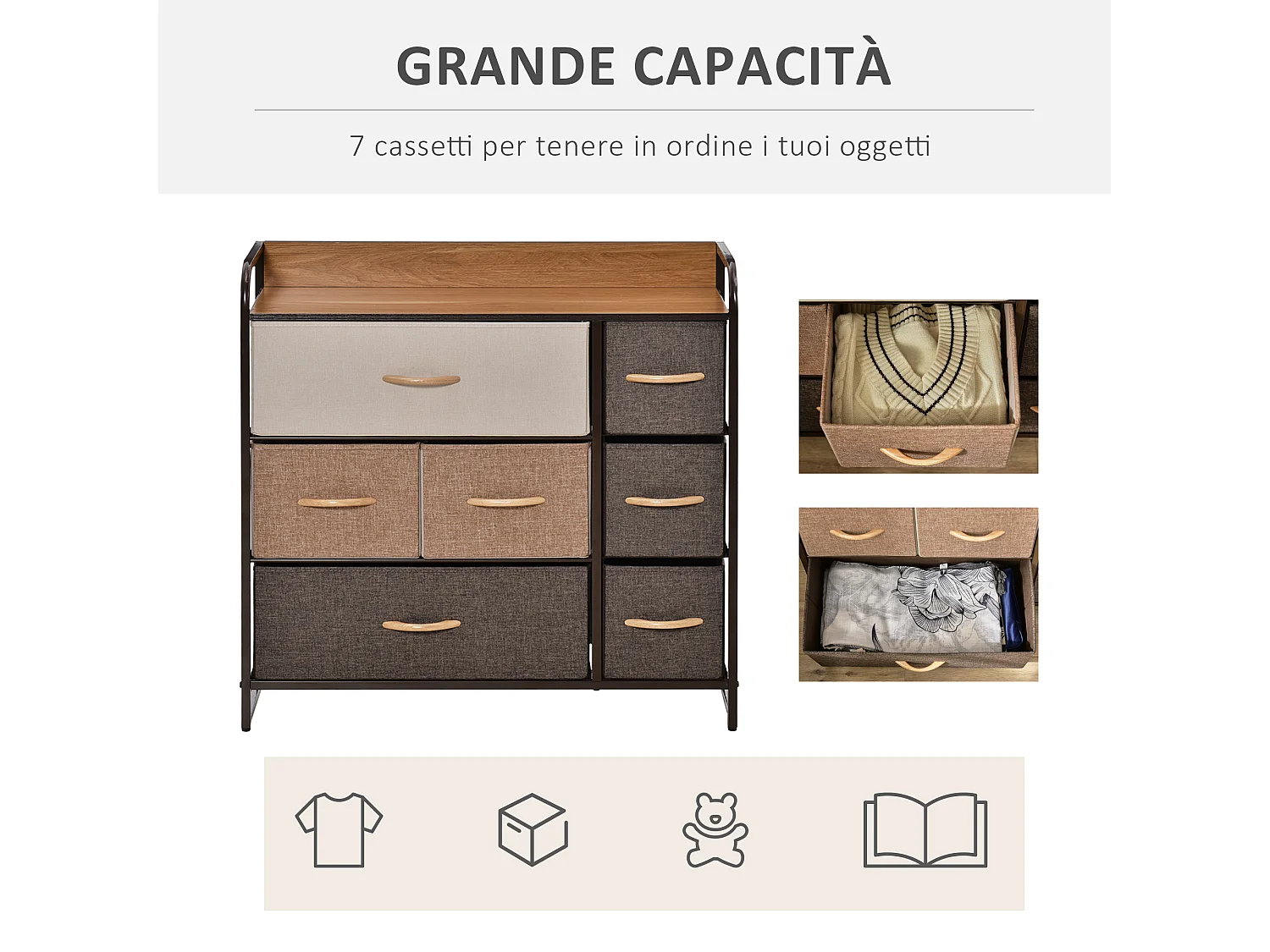 Cassettiera 7 cassetti pieghevoli in acciaio e mdf 80x29x78.5cm