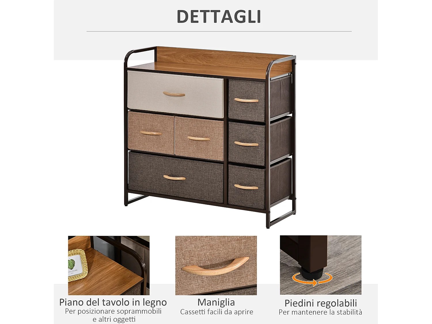 Cassettiera 7 cassetti pieghevoli in acciaio e mdf 80x29x78.5cm