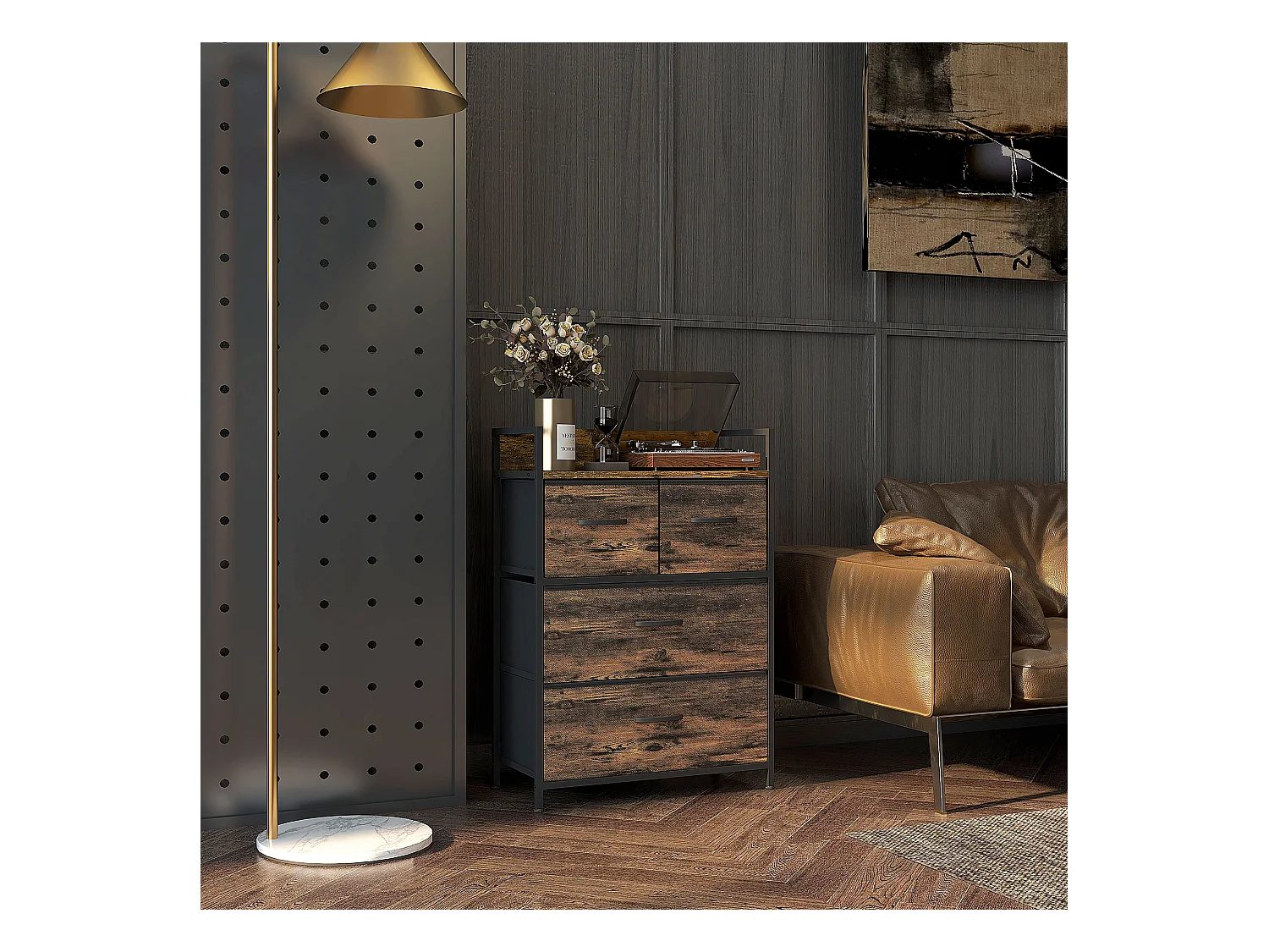 Cassettiera 4 cassetti rimovibili dal design industriale marrone nero