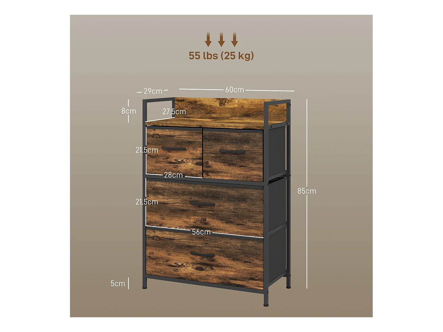 Cassettiera 4 cassetti rimovibili dal design industriale marrone nero