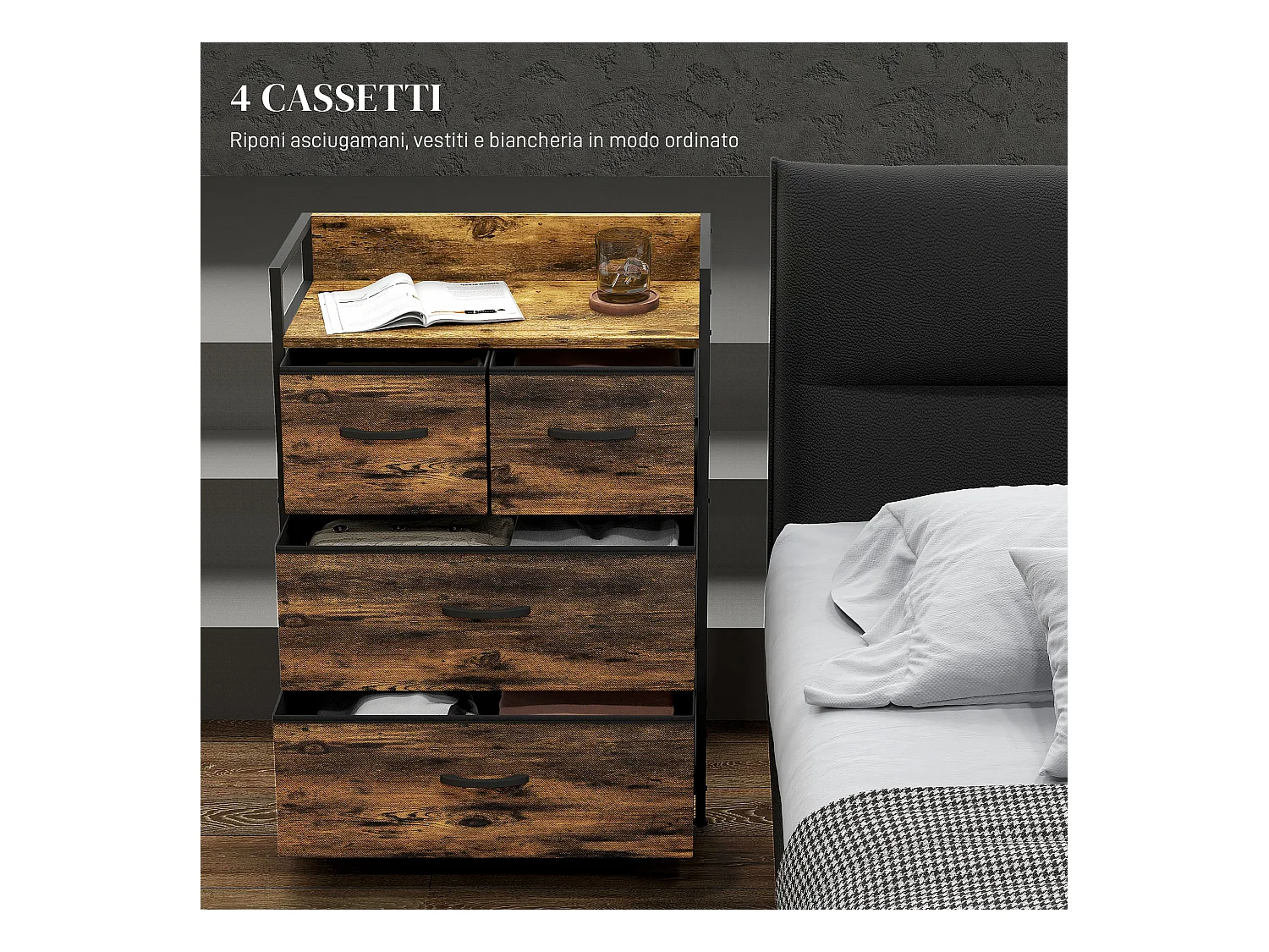 Cassettiera 4 cassetti rimovibili dal design industriale marrone nero