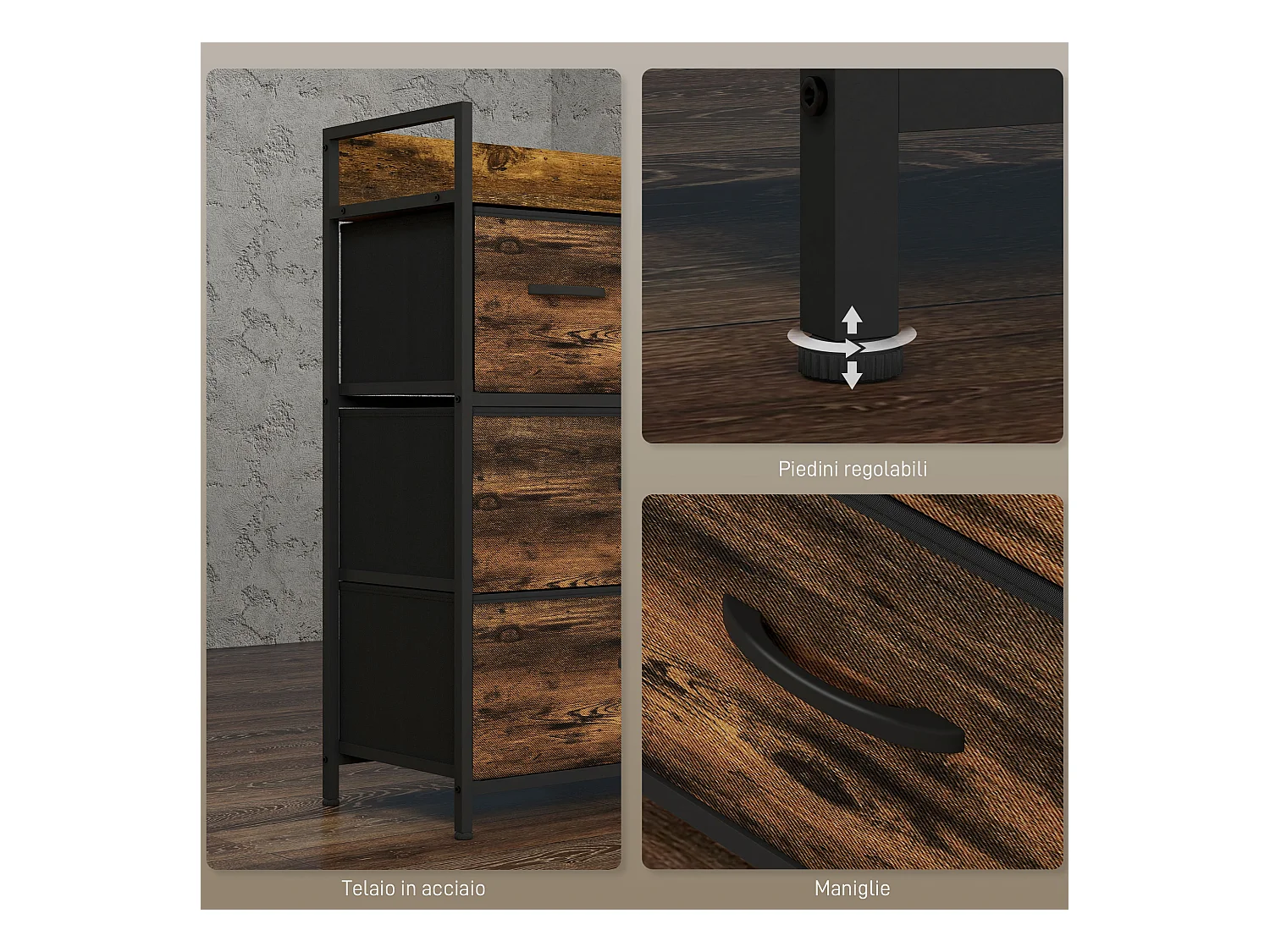 Cassettiera 4 cassetti rimovibili dal design industriale marrone nero