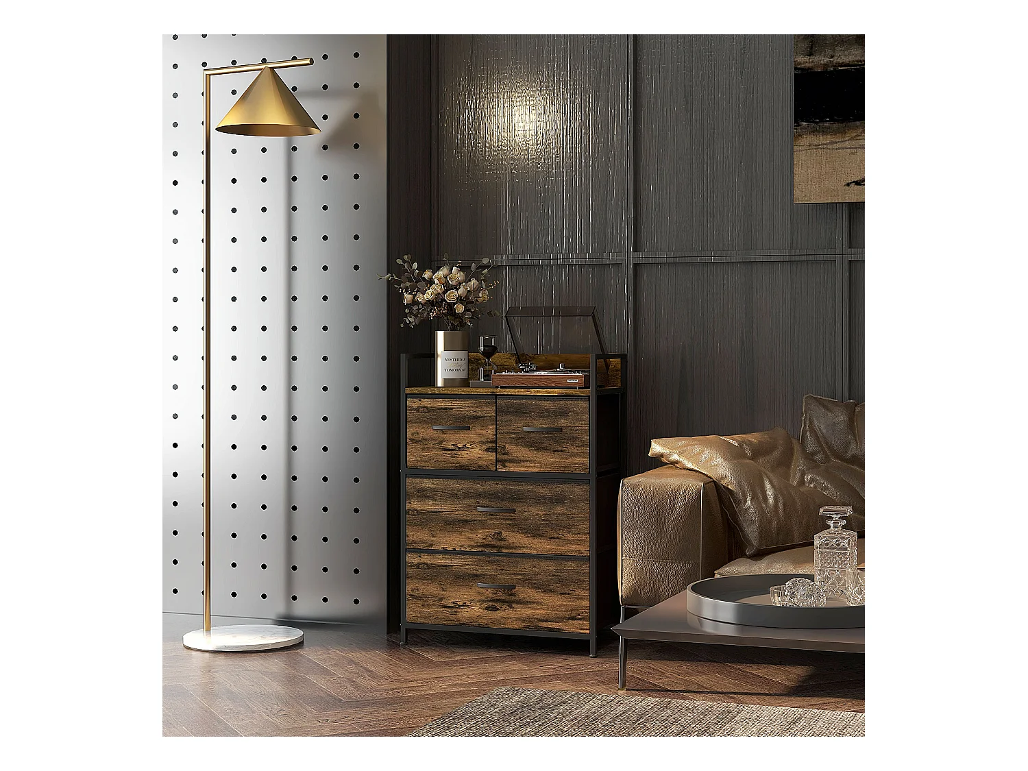 Cassettiera 4 cassetti rimovibili dal design industriale marrone nero