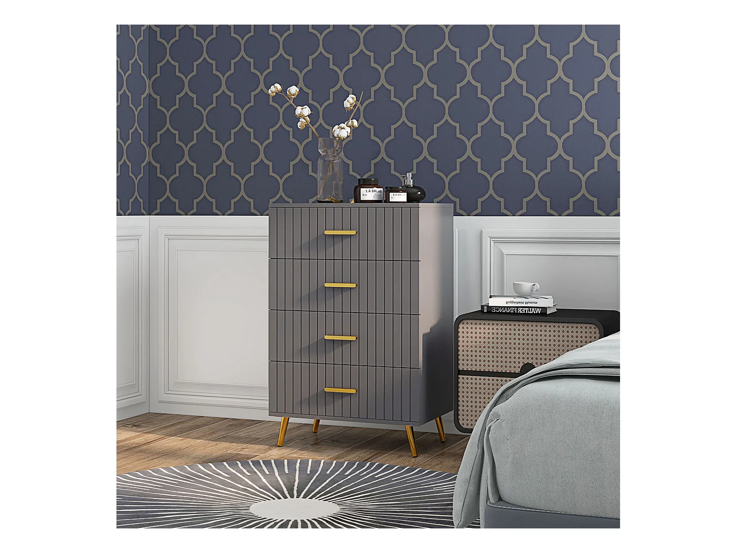 Cassettiera 4 cassetti moderna in legno e alluminio oro e grigio scuro