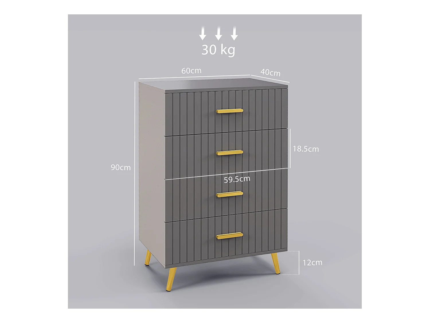 Cassettiera 4 cassetti moderna in legno e alluminio oro e grigio scuro