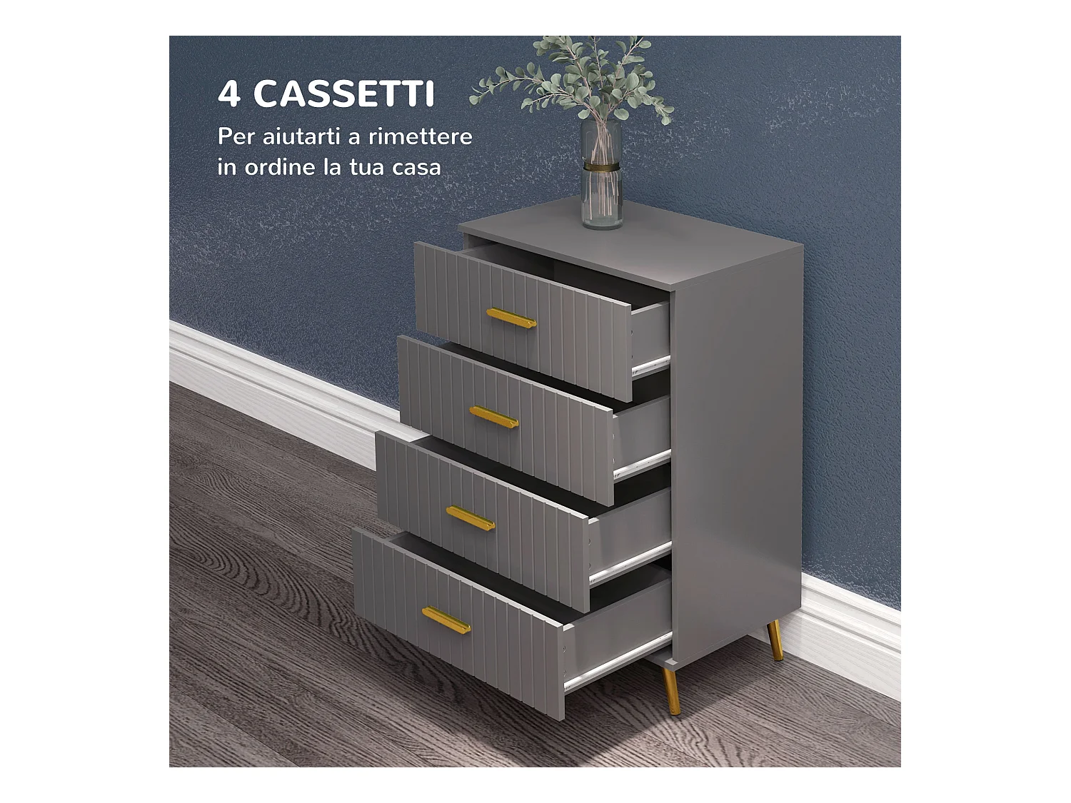 Cassettiera 4 cassetti moderna in legno e alluminio oro e grigio scuro