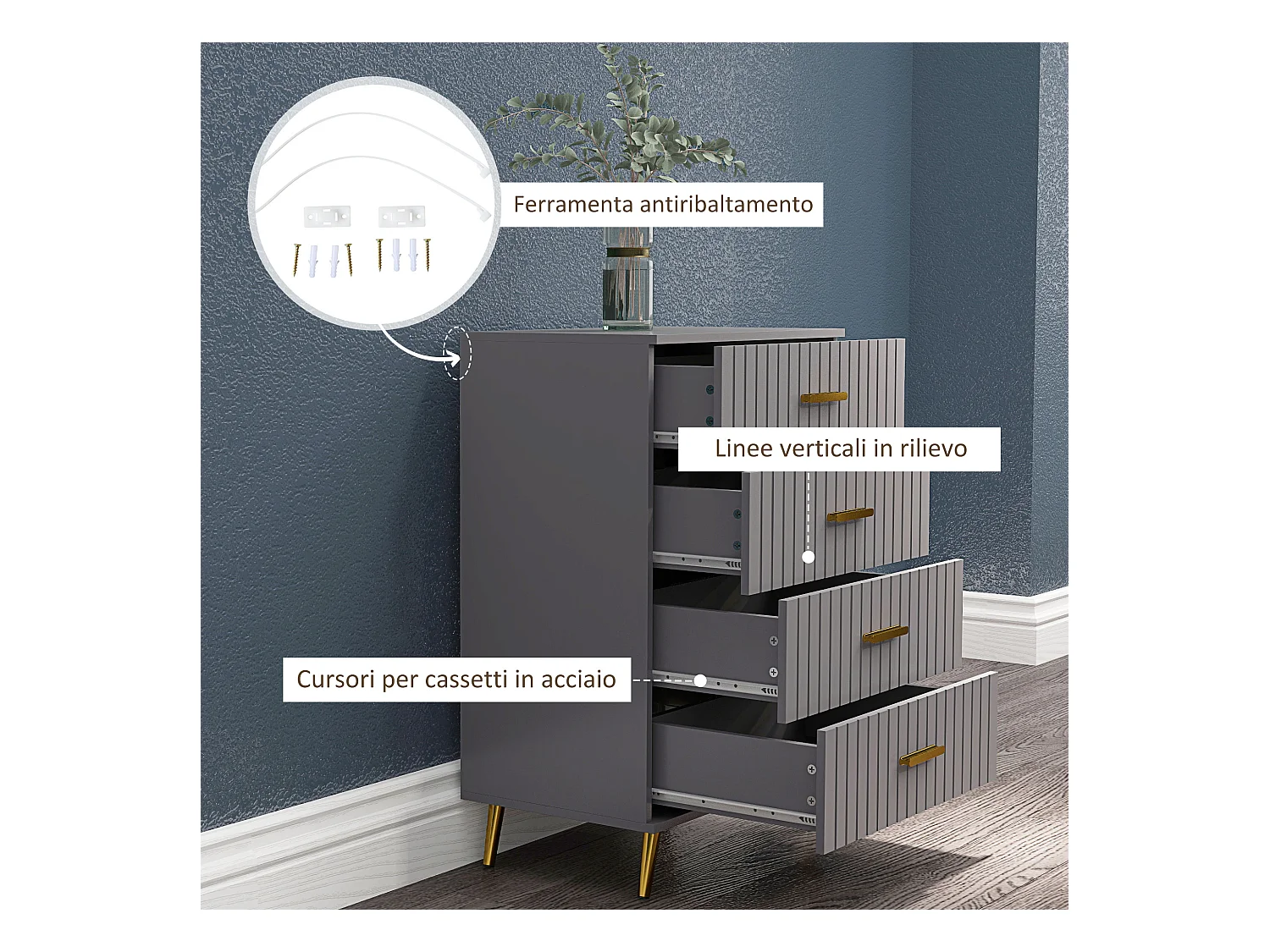 Cassettiera 4 cassetti moderna in legno e alluminio oro e grigio scuro