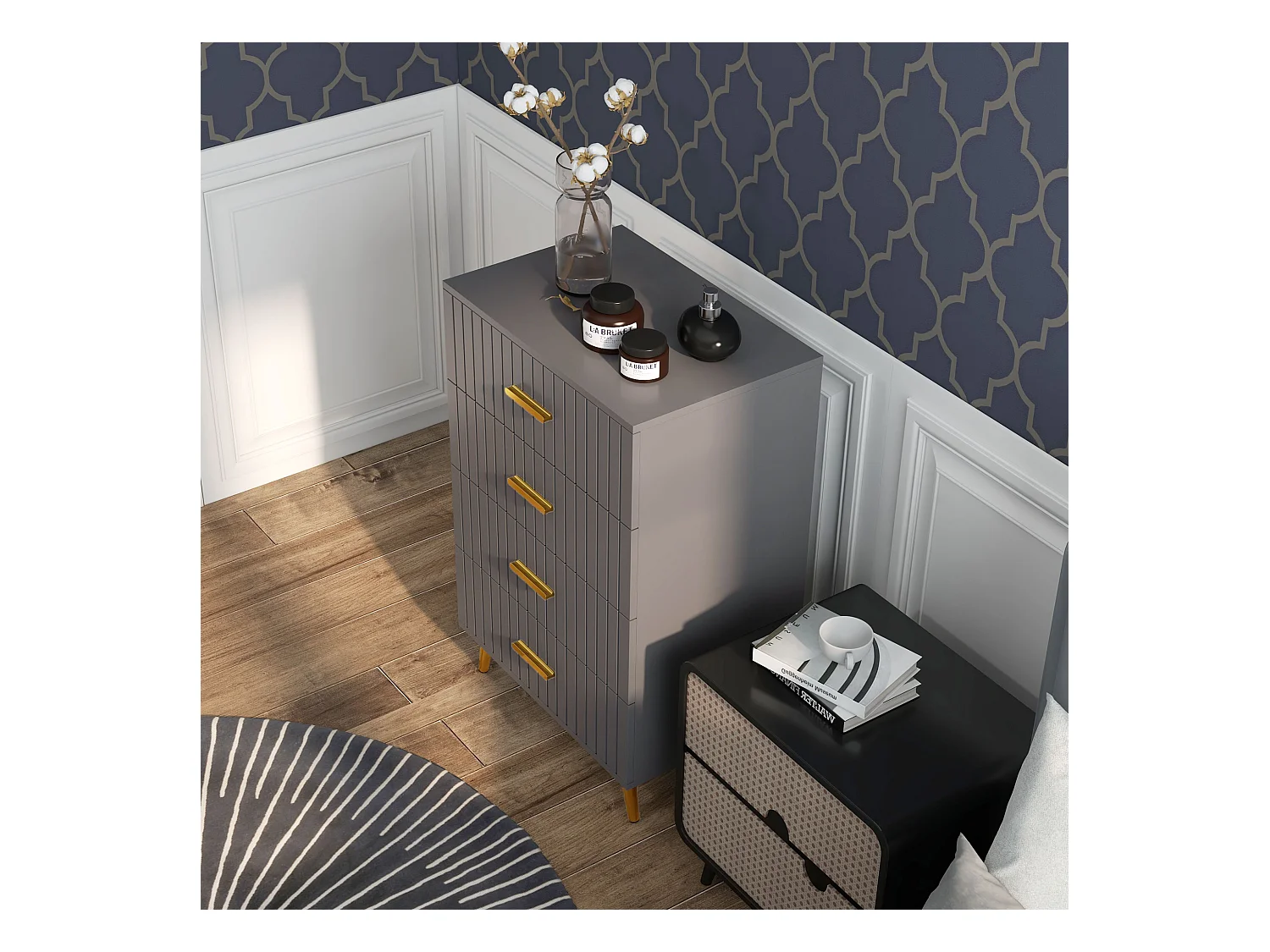 Cassettiera 4 cassetti moderna in legno e alluminio oro e grigio scuro