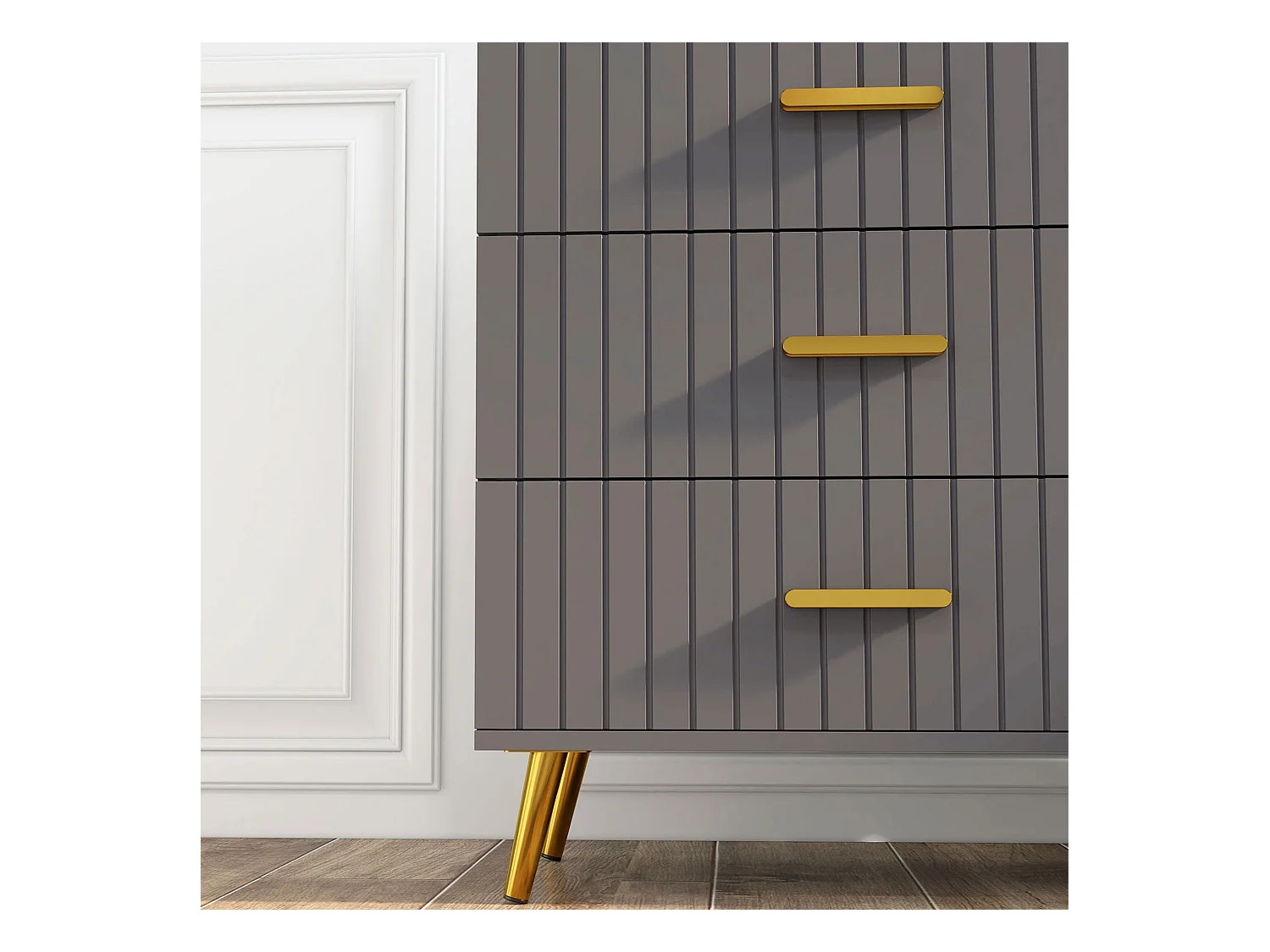 Cassettiera 4 cassetti moderna in legno e alluminio oro e grigio scuro