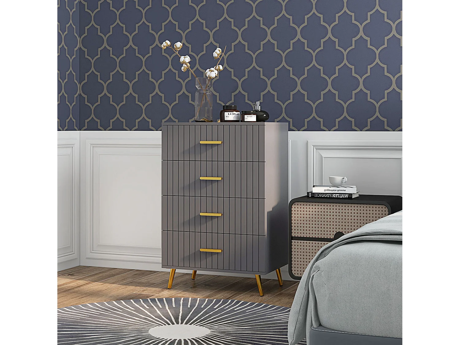 Cassettiera 4 cassetti moderna in legno e alluminio oro e grigio scuro