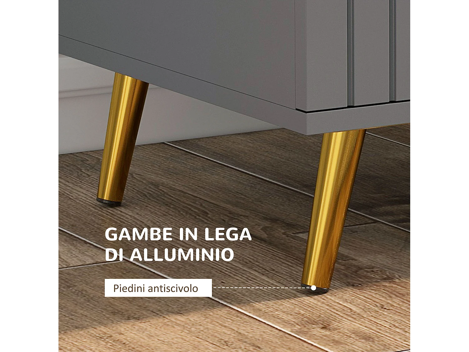 Cassettiera 4 cassetti moderna in legno e alluminio oro e grigio scuro