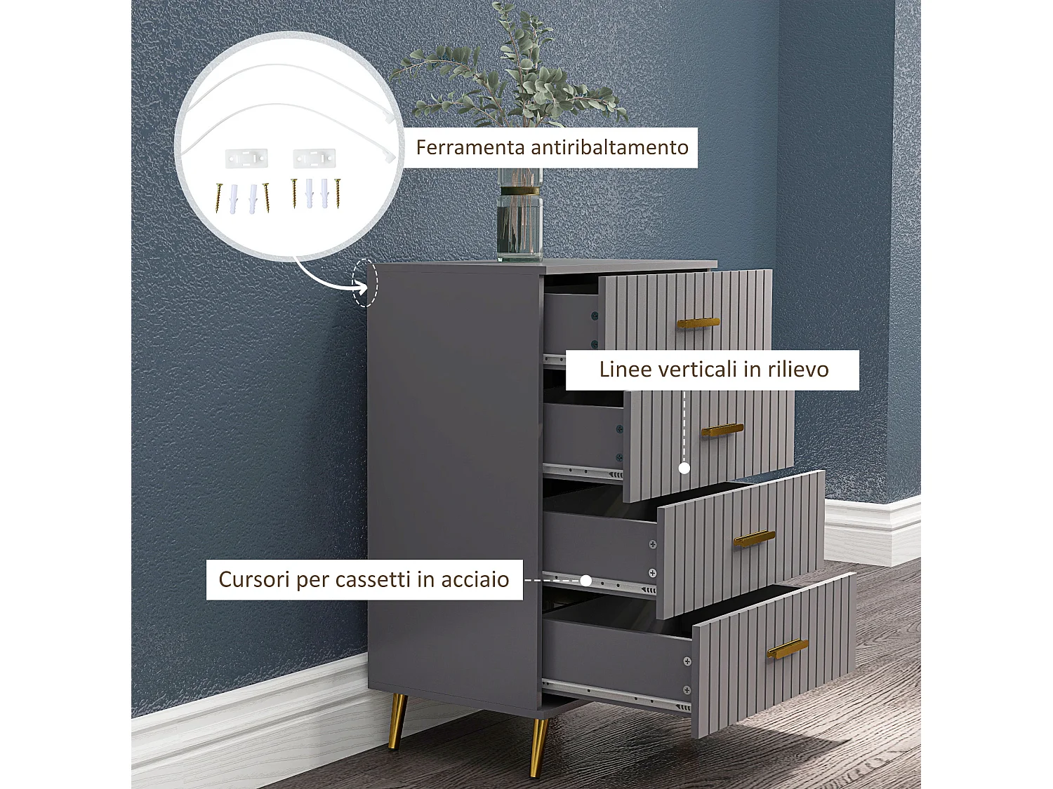 Cassettiera 4 cassetti moderna in legno e alluminio oro e grigio scuro