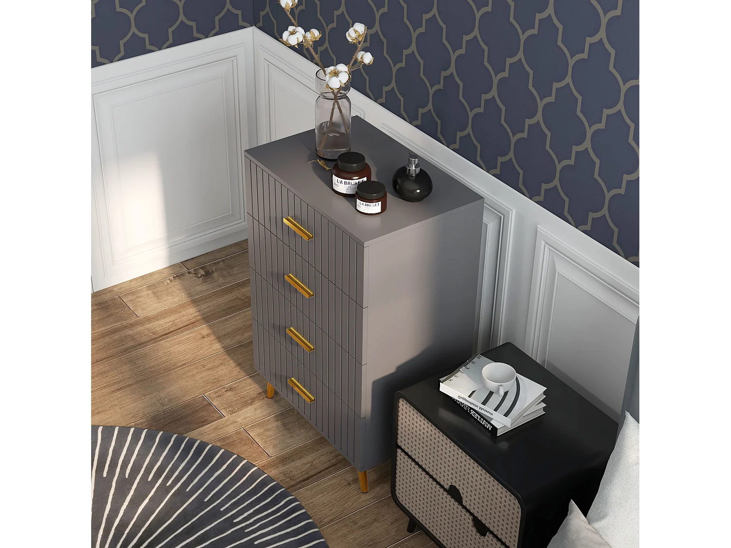 Cassettiera 4 cassetti moderna in legno e alluminio oro e grigio scuro